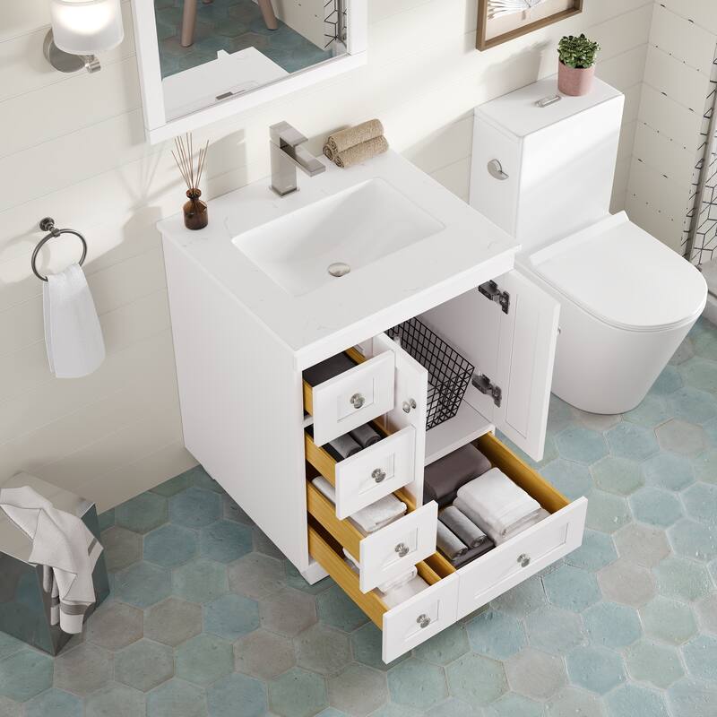 Eviva Acclaim Single Sink Bath Vanity with Carrara Quartz Top and Undermount Porcelain Sink
