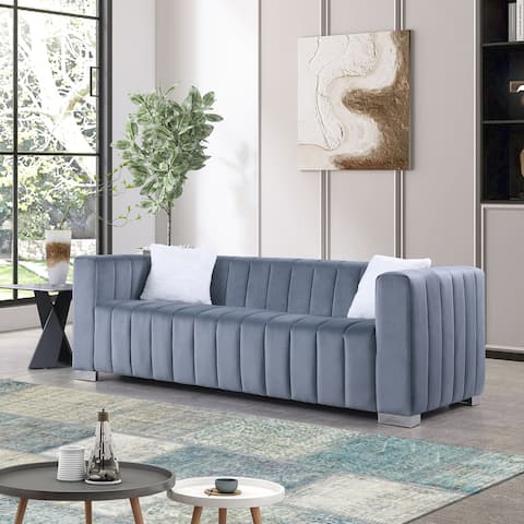 Velvet 3 Seater Sofa Upholstered Chesterfield Bench Couches, Luxurious Plush Lines Decorate Sofa with 2 Square Accent Pillows