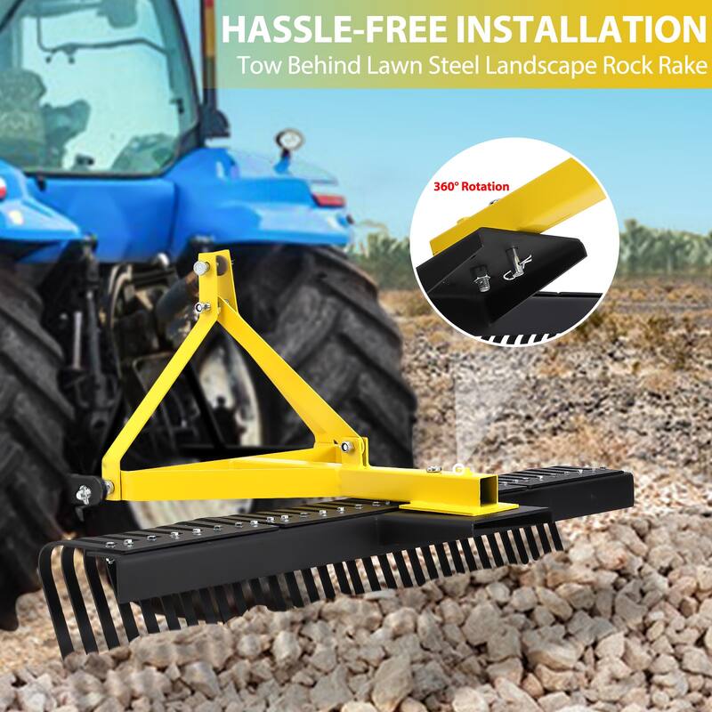 60'' Heavy Duty Rock Rake Tow-Behind Garden Tool for Compact Tractors