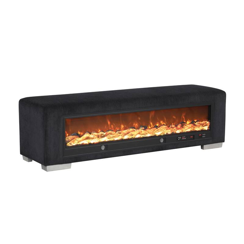 Furniture of America Goffney Chenille Bench with Fireplace Simulator and Bluetooth Audio