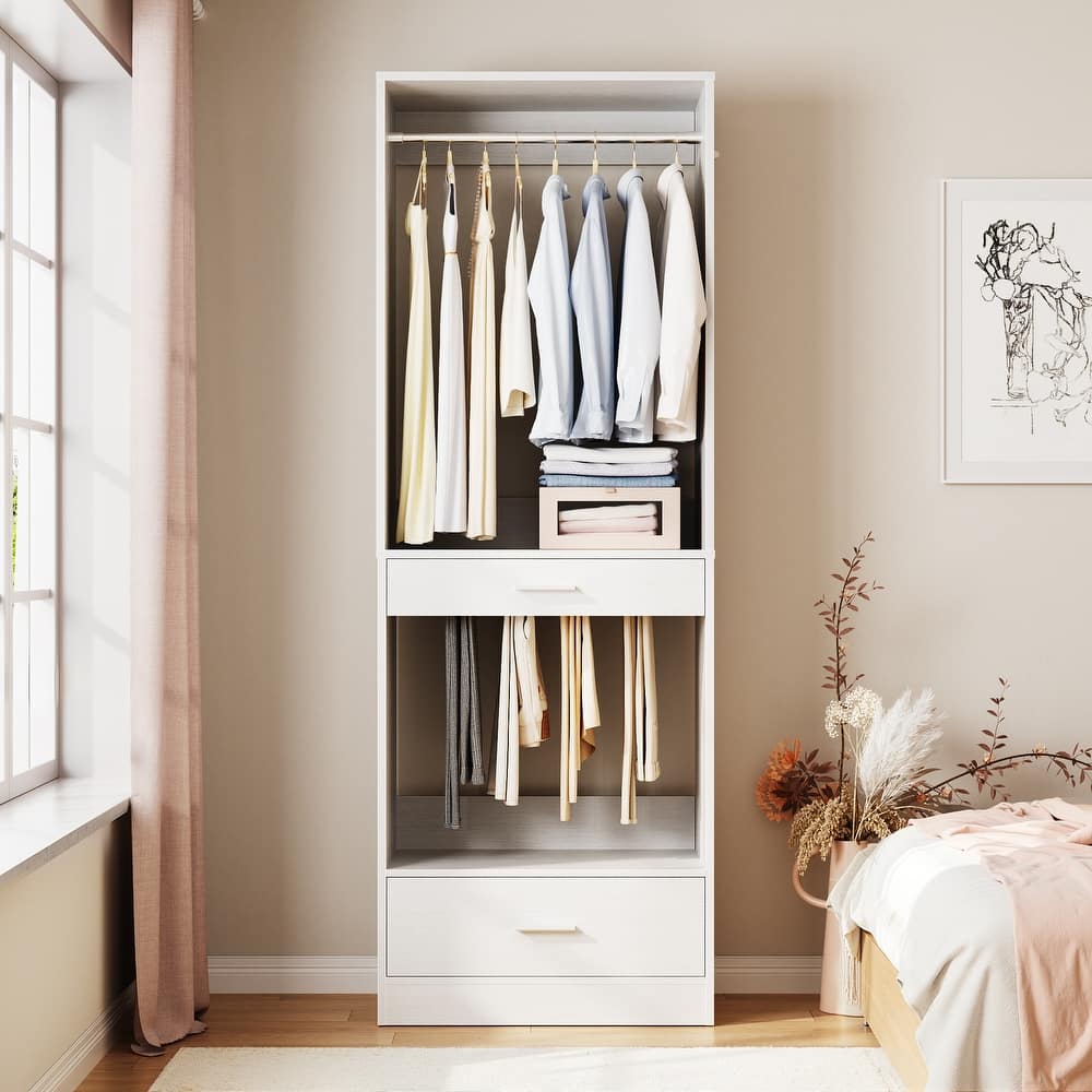 Qvella 23.6'' W Closet System with Hanging Rods and Wooden Drawers, Modular Walk-In Closet Organizer with Pants Rack