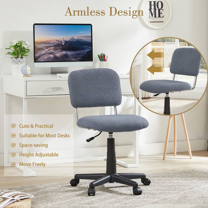 Javlergo Grey Teddy Armless Office Chair 360° Swivel Adjustable Height Desk Chair Small Space Plush Chair for Home Office Study