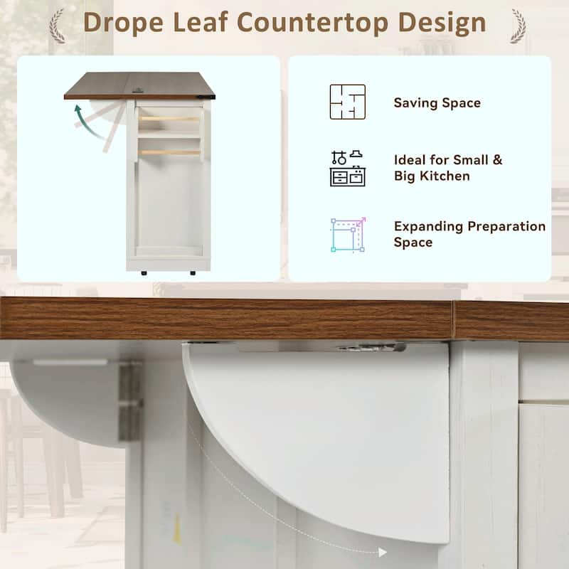 53.5'' Farmhouse Kitchen Island with Power Outlet, Drop Leaf, Spice Rack, Drawer, and Wheels
