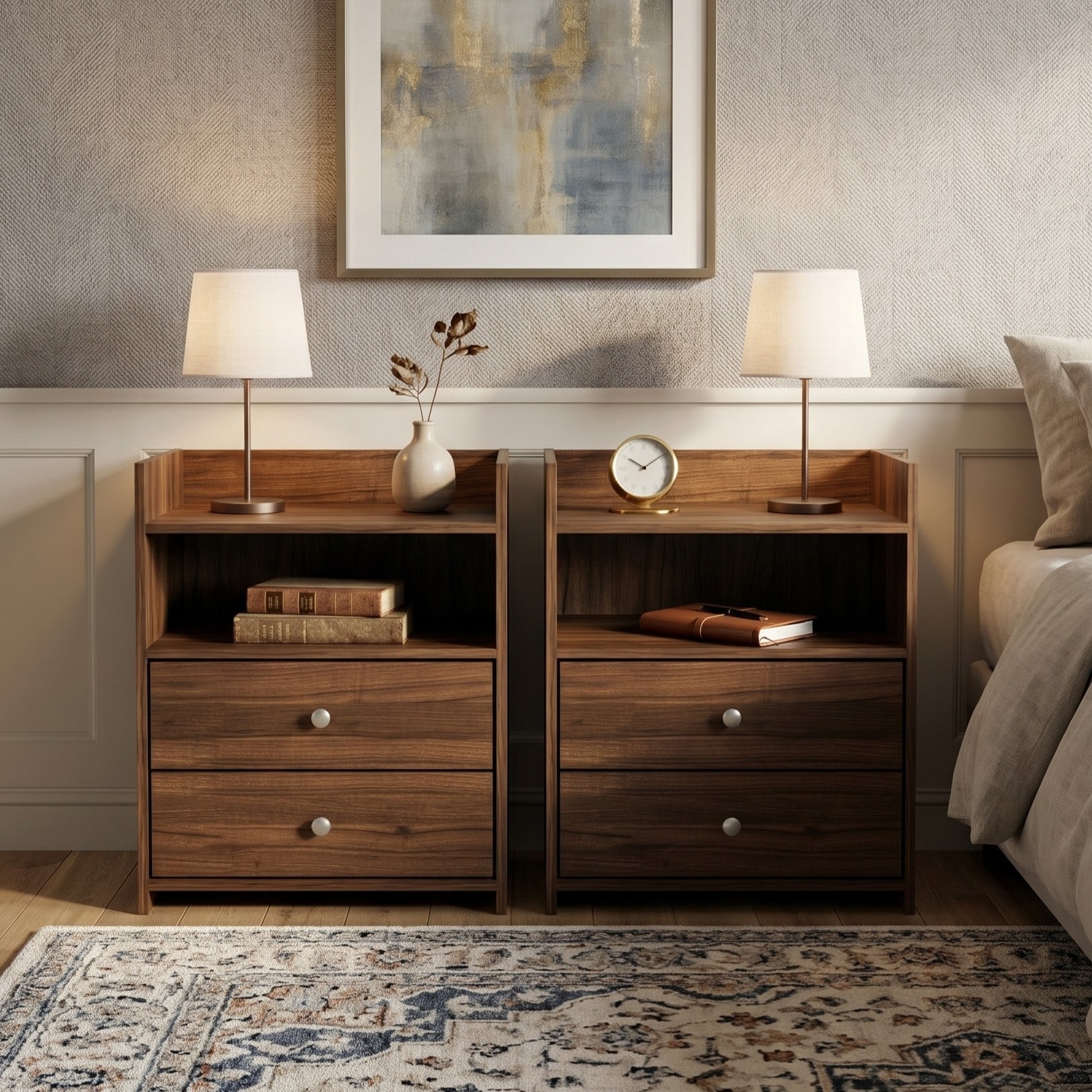 Clayfell Vail Storage Nightstand with Raised Top Edge, Open Shelf and 2 Drawers (Set of 2)