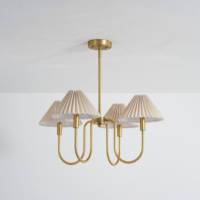 4-Light Mid-Century Modern Chandelier in Brushed Gold/Matte Black Chandelier with Pleated Shades for Living Room