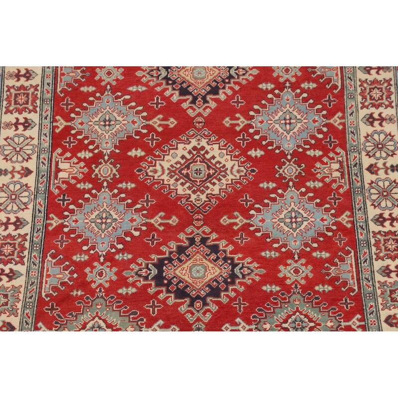 Geometric Red Kazak Rug Hand-Knotted Bedroom Wool Carpet - 4'10" x 6'9"