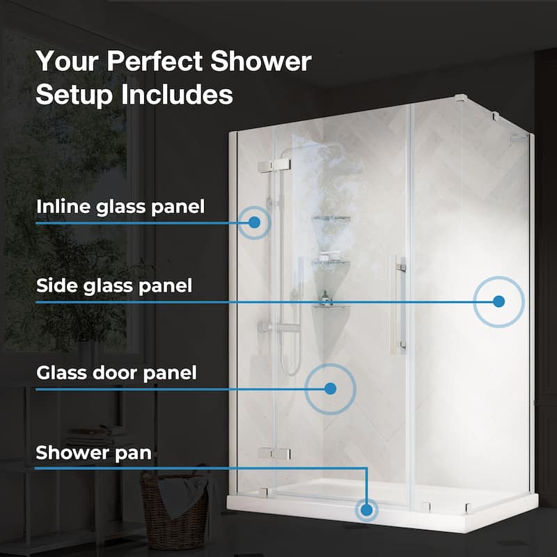 OVE Decors Tampa Corner Frameless Pivot Hinge Shower Door Kit with Base Pan, 2025