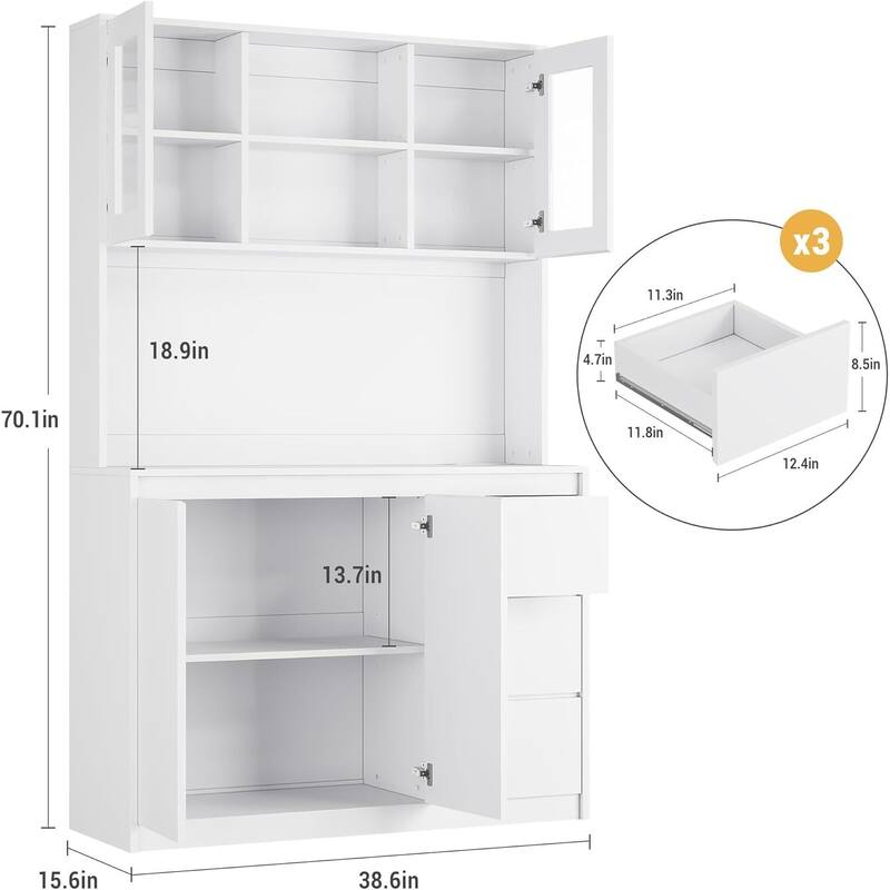 71" Tall Pantry Cabinet with Charging Station and Led Lights, Kitchen Hutch with Microwave Stand for Dining Room, Living Room
