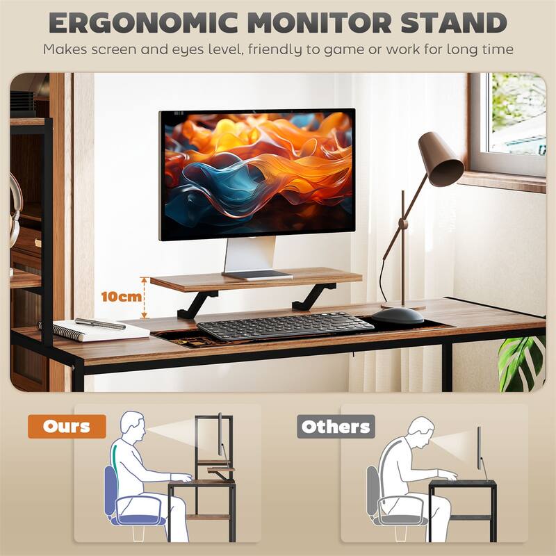 Computer Desk with Four Tier Storage Shelf and Monitor Stand Industrial Brown and Black Design Sturdy Home Office Workstation