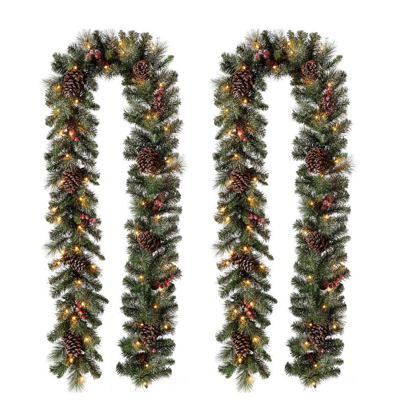 Glitzhome 9'L Pre-Lit Christmas Garland with Warm White LED Light - 2PCS Glitter