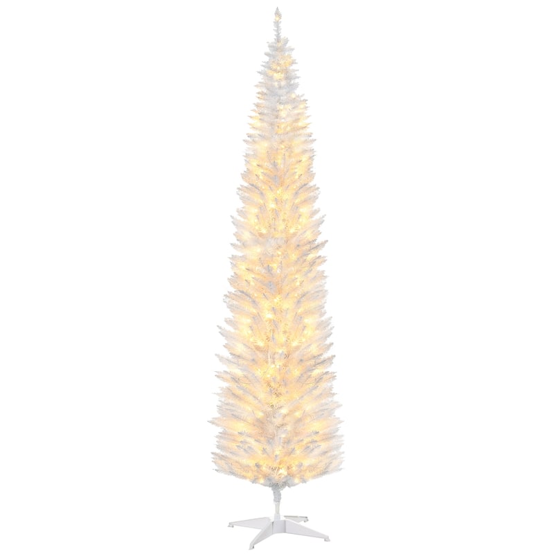 HOMCOM Pre-Lit Slim Noble Fir Tree - Warm White LED Lights, White, Holiday Decor