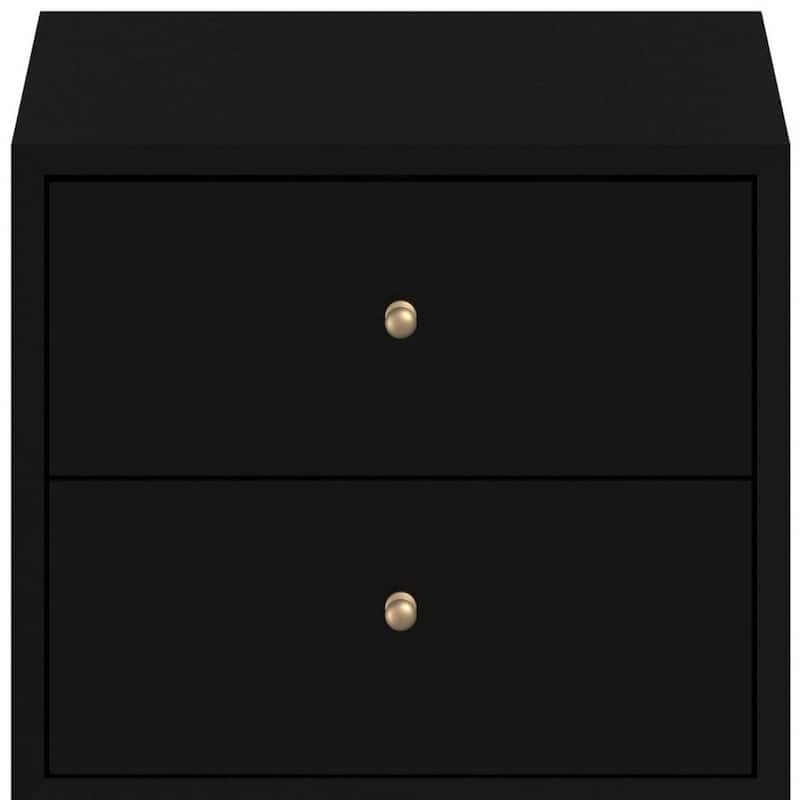 Black Solid Wood 2-Drawer Square Nightstand with Metal Accents and Legs