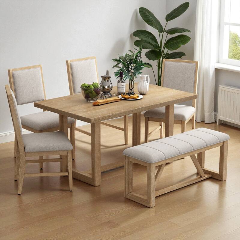 6-Piece Retro Farmhouse Dining Table Set, 60" Wood Table with 4 Upholstered Chairs and Bench for Kitchen & Dining Room - Natural