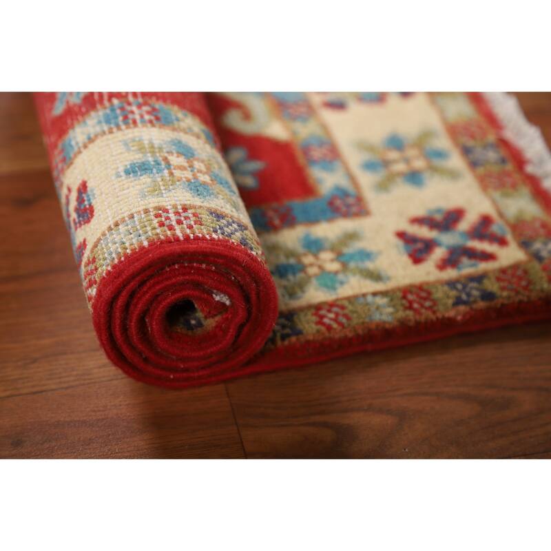 Red Geometric Kazak Foyer Rug Hand-Knotted Traditional Wool Carpet - 2'0" x 3'0"