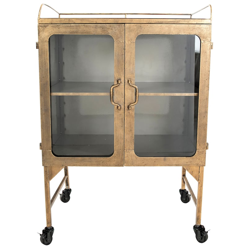 Metal Cabinet with Glass Doors and Wheels - Brass