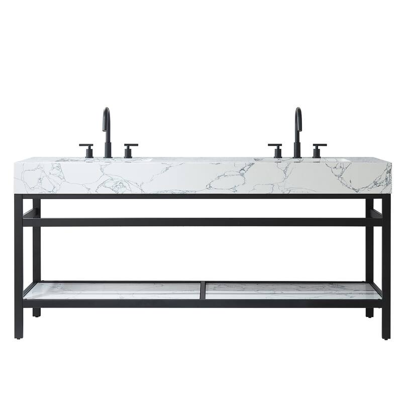 Ecija Bath Vanity, Metal Support with Composite Stone Top, no Mirror - 72 in. - Matte Black