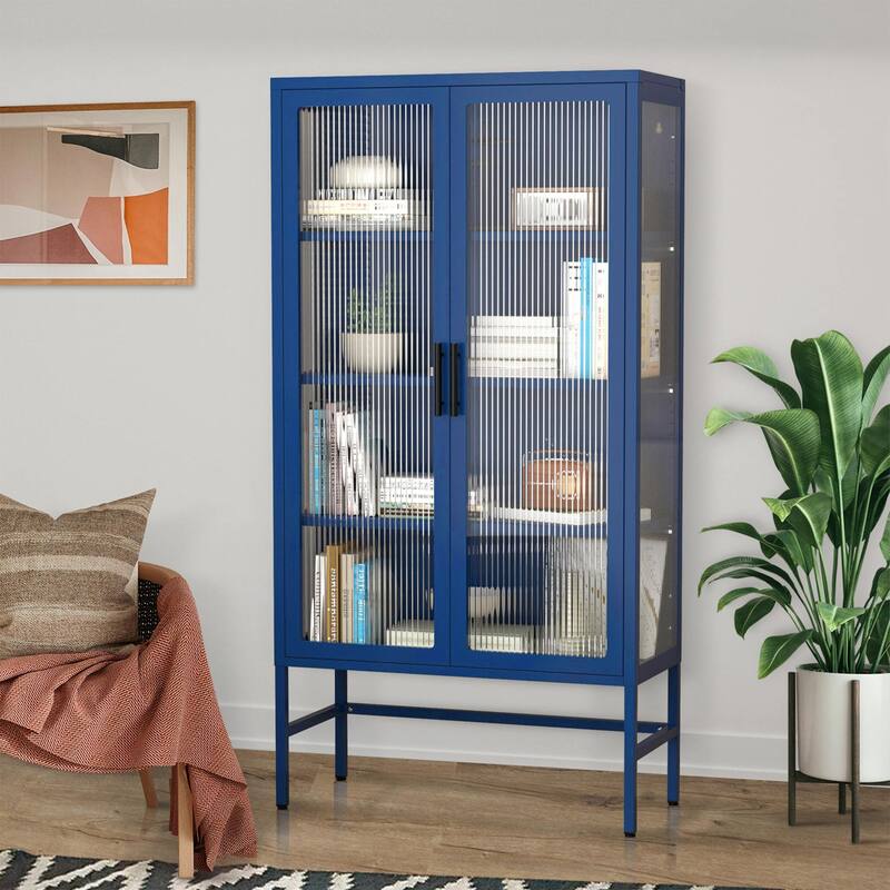 61.02"H Modern Display Sideboard Buffet with Adjustable Shelves, Anti-Tip Kit, Tempered Glass Doors - Blue