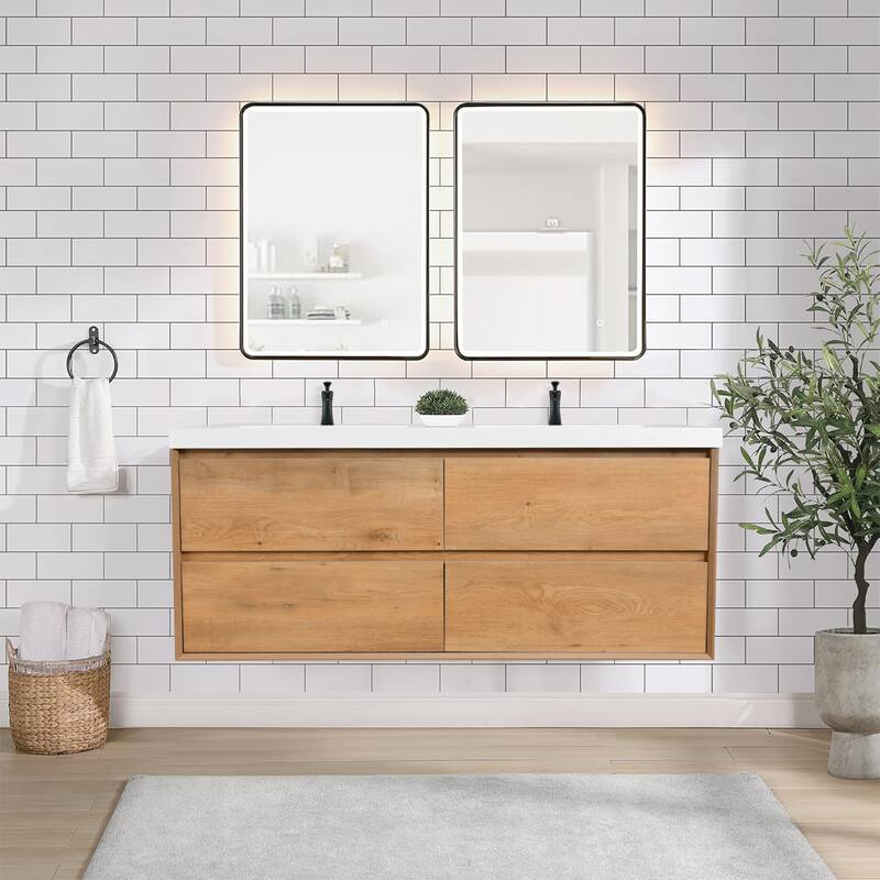 Sylphar 60 in. Toffee Oak Bath Vanity with Undermount Sink, 3 Top Options - Integrated Resin Sink Top Set