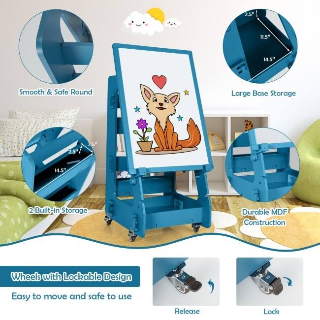 Multifunctional Kids' Standing Art Easel with Dry-Erase Board -Navy - 19.5" x 18.5" x 34.5"-48.5" (L x W x H)