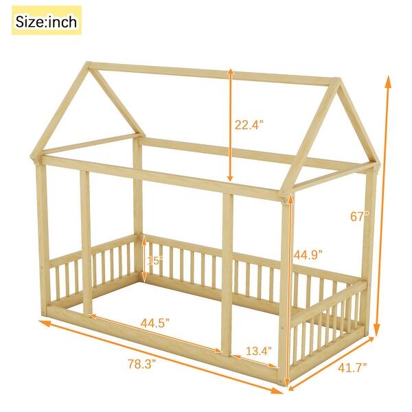 dimension image slide 0 of 3, Twin Size Floor Kids Bed with House Roof Frame and Guardrails, White