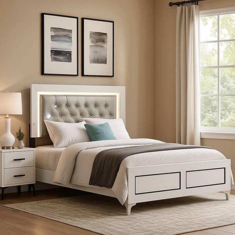 Elegant Queen Size Bed, LED Trim, Button Tufted Headboard, White