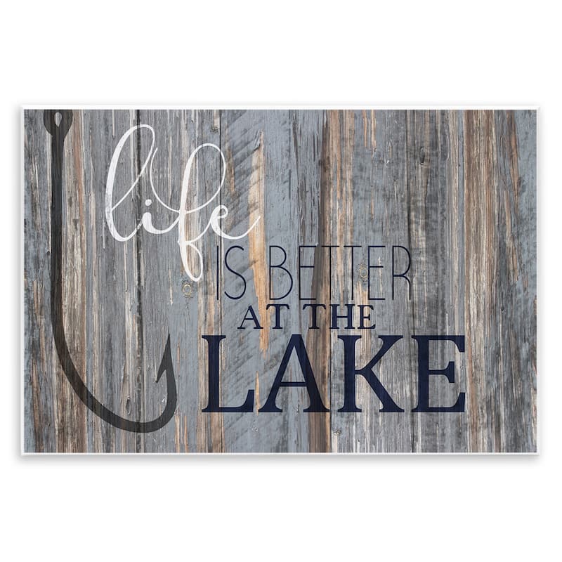 Stupell Life Better Lake Quote Fish Lakehouse Cabin Nautical Phrase Wood Wall Art - 10 x 15