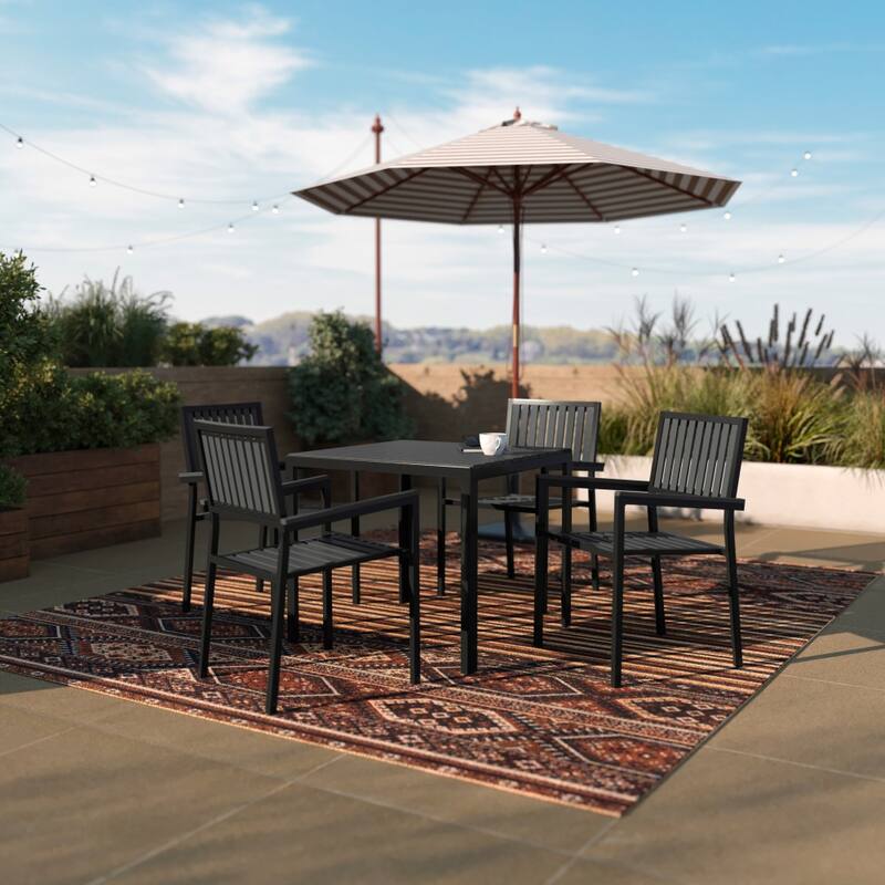 All-Weather Resin Top Square Table & 4 Metal Chairs with Poly Resin Seats - Black