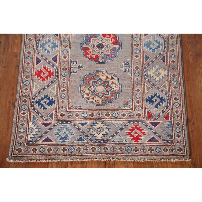 Geometric Kazak Oriental Accent Rug Hand-Knotted Grey Wool Carpet - 2'7"x 4'1"