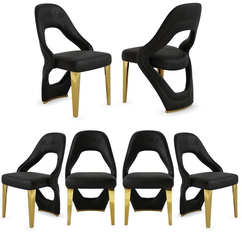 Velvet Dining Chairs with Open Back and Polished Metal Legs - Black - Set of 6