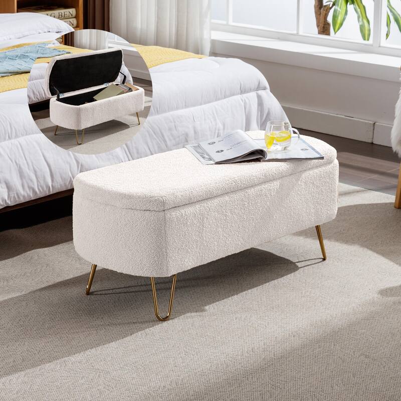 Modern Faux Fur Storage Ottoman Bench with Gold Legs for Living Room, Bedroom, Entryway