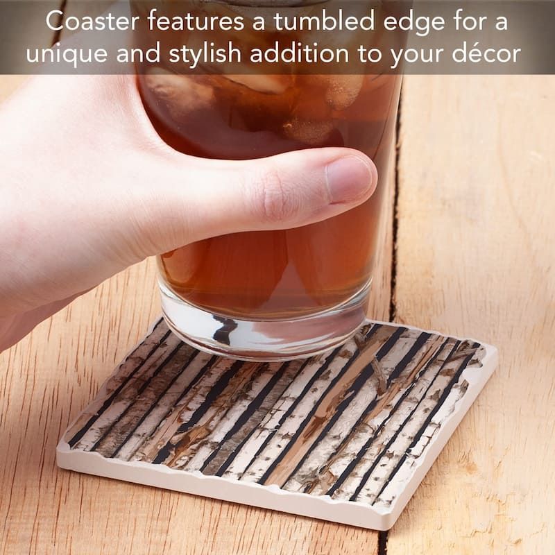 CounterArt Birch On Charcoal Absorbent Stone Tumbled Tile Coaster Set of 4 Made in The USA Protective Cork Backing