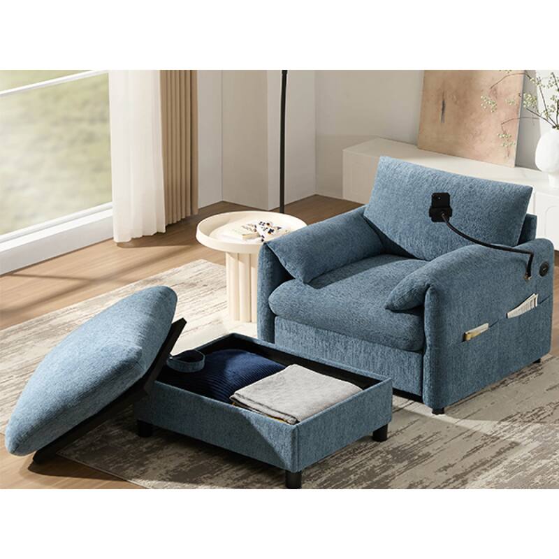 Roomfitters 37" Single Sofa with Storage Ottoman, Chenille Armchair with Phone Holder and Charging Ports, Lounge Chair