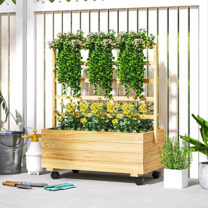 Outsunny Raised Garden Bed with Trellis and Wheels, Outdoor Wooden Elevated Planter Box, Freestanding Raised Flower Bed - Natural