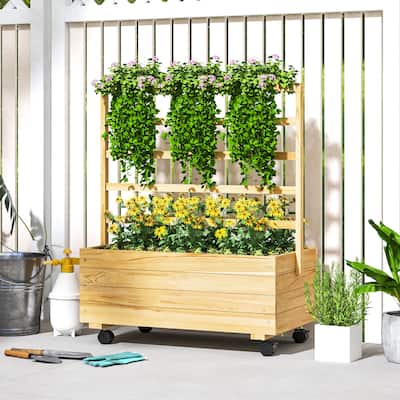 Outsunny Raised Garden Bed with Trellis and Wheels, Outdoor Wooden Elevated Planter Box, Freestanding Raised Flower Bed