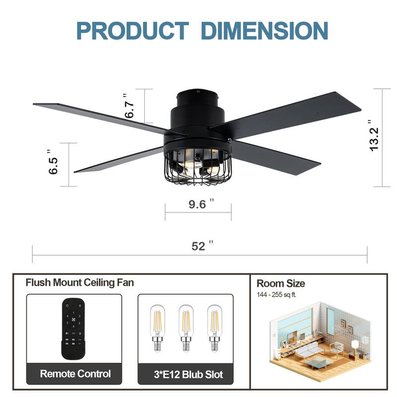 CurveCurio 52'' Modern Black Industrial Ceiling Fan Flush Mount w Remote Control, 4 Wooden Blades w Caged Lights for Living Room