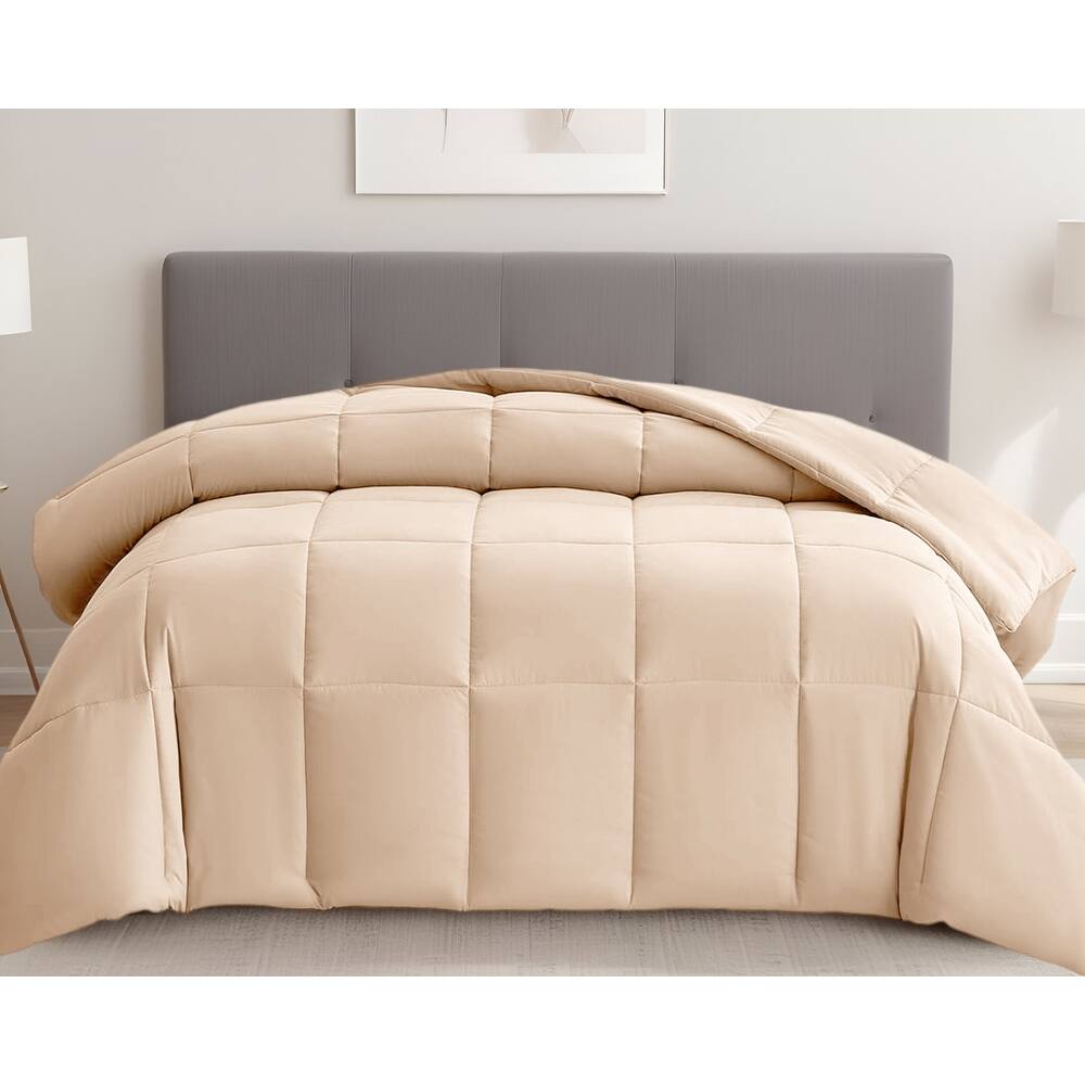 Beige King Box Stitch Microfiber Down Alternative Comforter