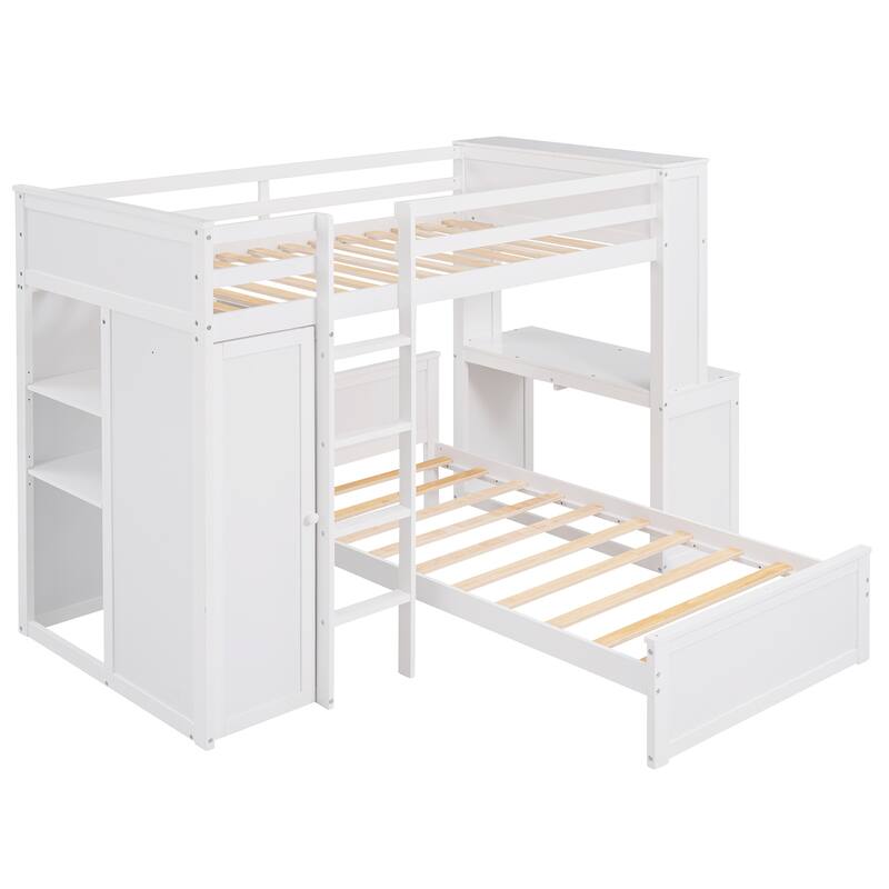 Space-Saving Twin Loft Bed with Desk, Shelves, Wardrobe, and Additional Bed
