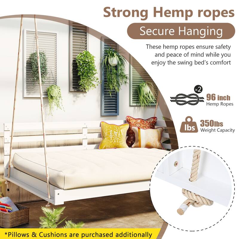 Topmax Acacia Wood Porch Swing Bed For Outdoor With Hemp Ropes - Full Size Patio Hanging Bed (Excluding the table) - White
