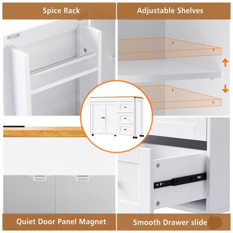 Kitchen Island with Extendable Dining Table, Power Outlet, Rolling Storage Cart with 3 Drawers, 2-Door Cabinet, and Spice Rack