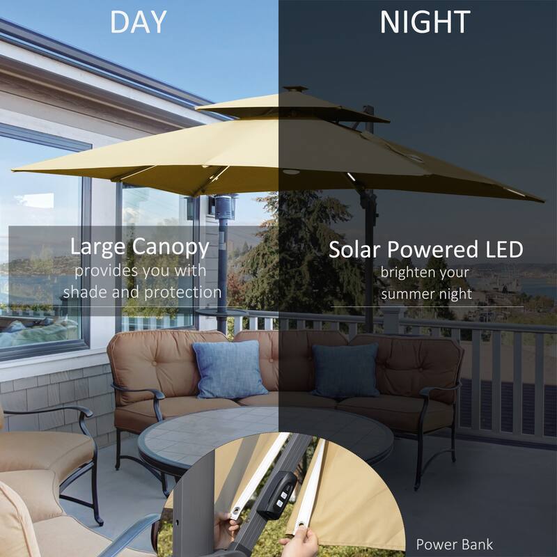 Cantilever Patio Umbrella 2 Tops Outdoor Umbrella with LED Light and Power Bank 360° Rotation Cross Base for Garden
