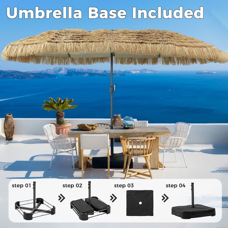15 ft Tiki Thatched Umbrella with Sandbags Base, Hawaiian, Pool, Patio, Beach
