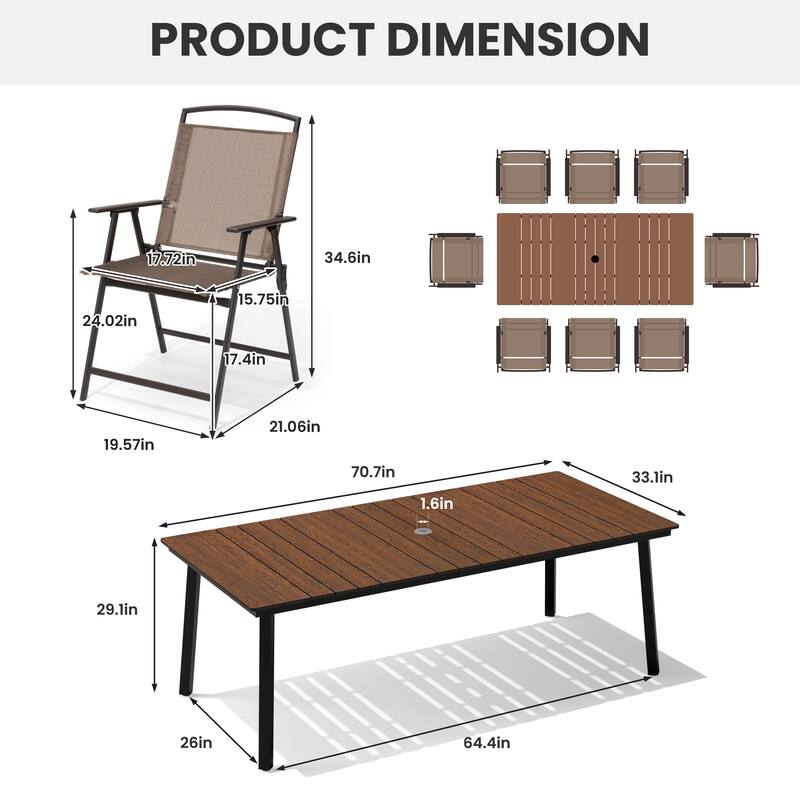 9-Piece Outdoor Dining Set Patio Dining Table with Umbrella Hole and Folding Chairs