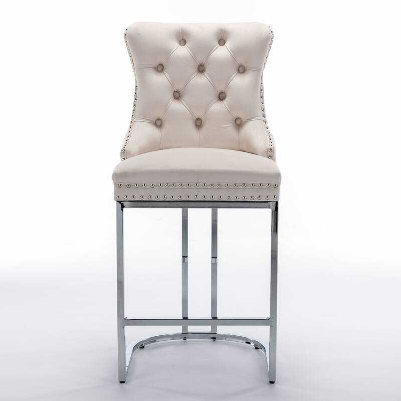 Tufted Upholstered Counter Height Bar Stools with Nailhead Trim, Set of 2