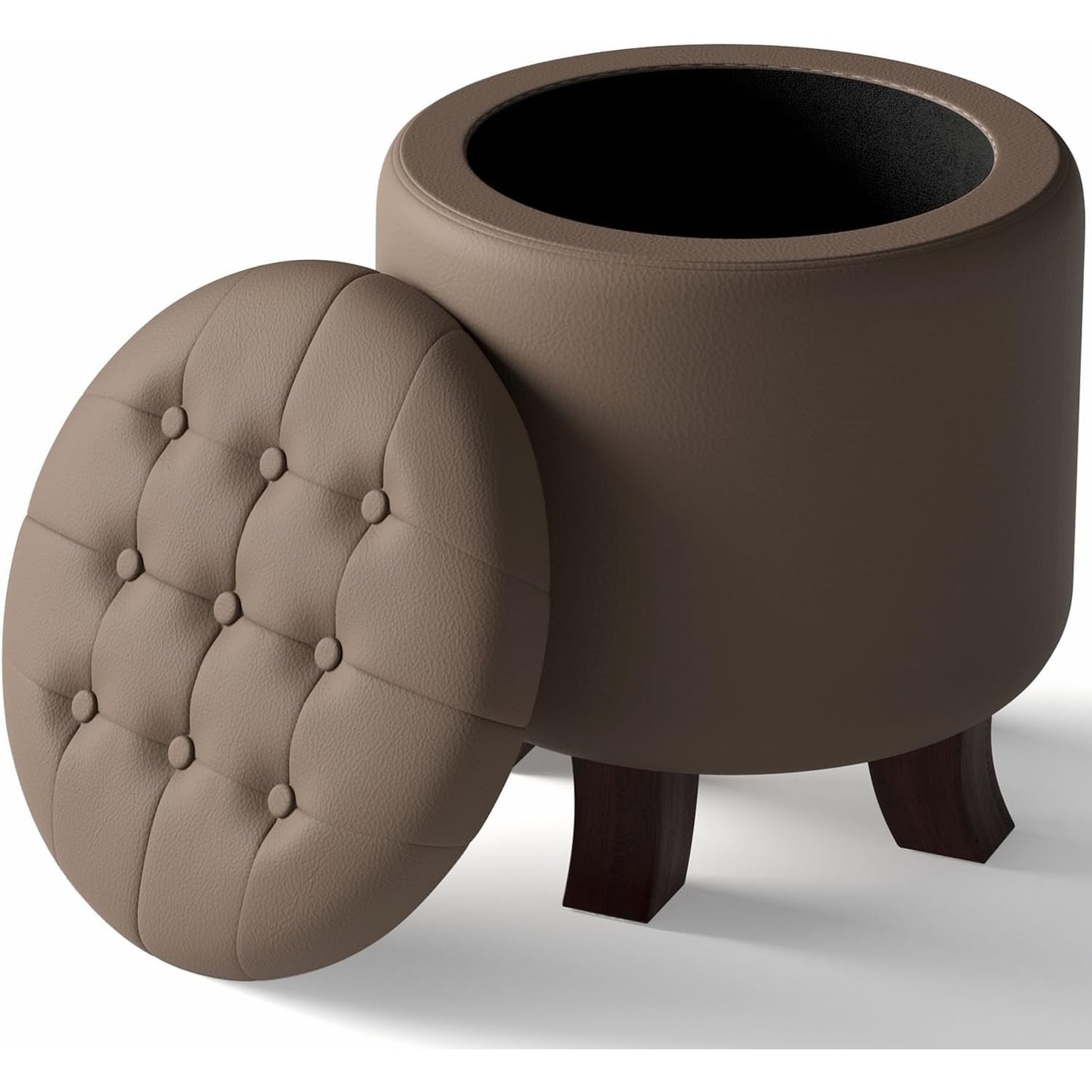 Round Leather Foot Rest Stool with Storage, Upholstered Small Ottoman for Living Room & Bedroom, Brown