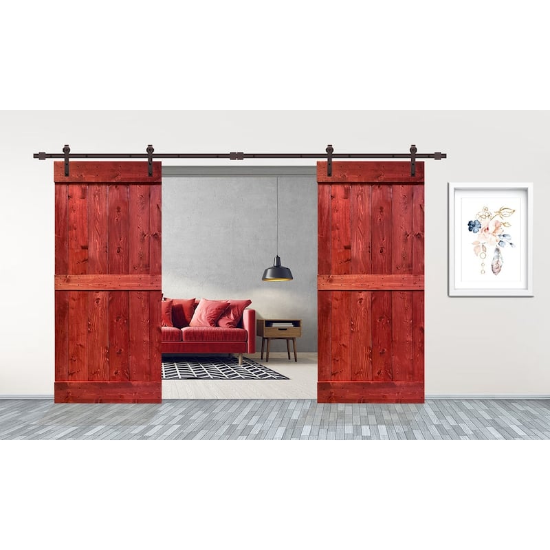 CALHOME Stained MidBar Double DIY Barn Door W/ Hardware Kit - 76 x 84 - Cherry  Red