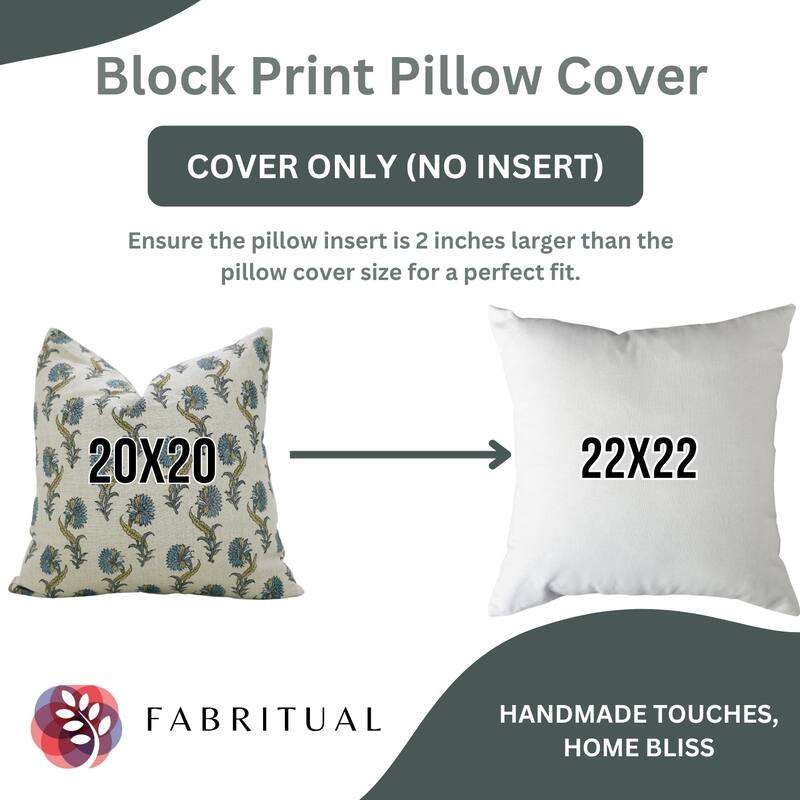 Fabdivine Blue Floral 18x18 Inch Handmade Block Print Pillow Cover Square Soft Pure Linen Home or Room Décor, Daffodil