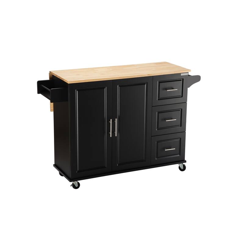 Kitchen Island with Extensible Wood Table Top, Mobile Island Table on Wheels, Kitchen Cart with Adjustable Shelf & 3 Drawers