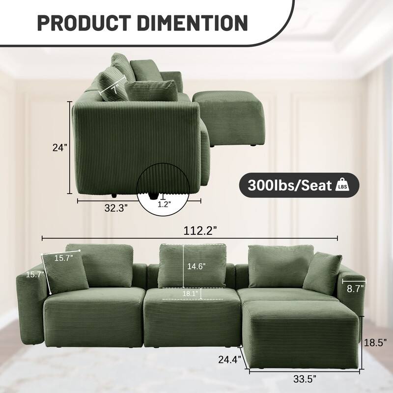 112.2‘’ W Corduroy Modern Compressed Block Sectional Couch with Plush Cushions