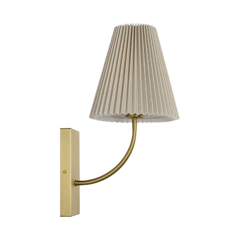 Mid-Century 1-Light Pleated Ivory Fabric Armed Wall Sconce