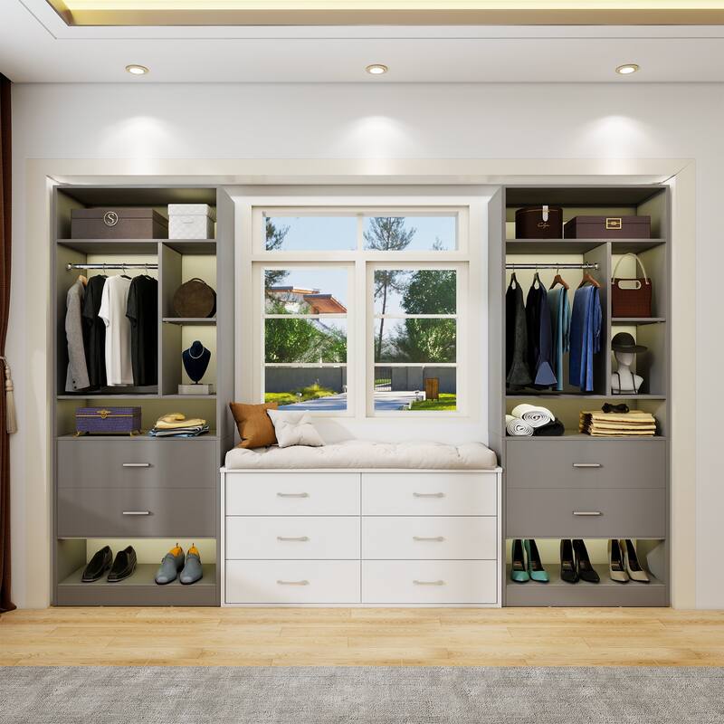Kyrvo Freestanding 24" Closet System with 2 Wood Drawers,2FT Heavy Duty Walk-in Closet Organizer with 6 Shelves & Hanging Rod